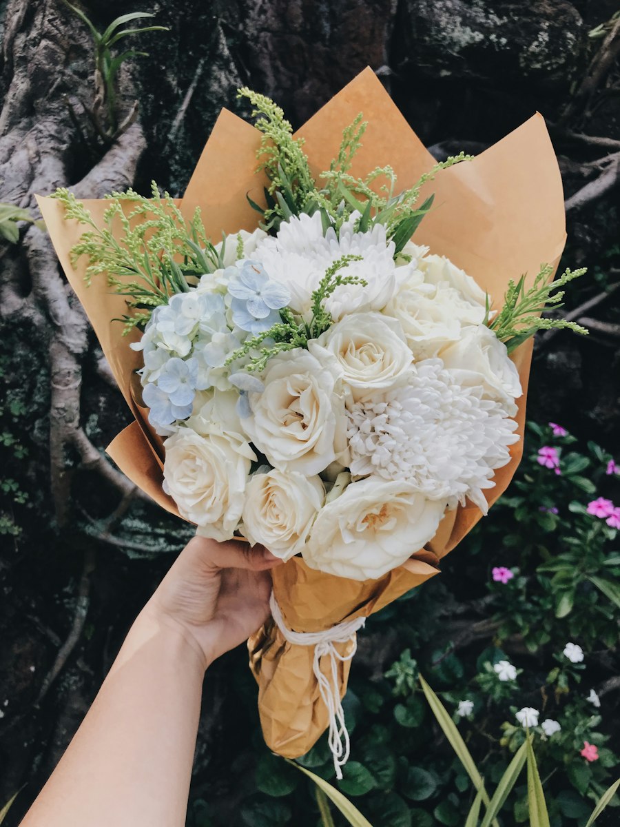 White rose bouquet in kraft wrap